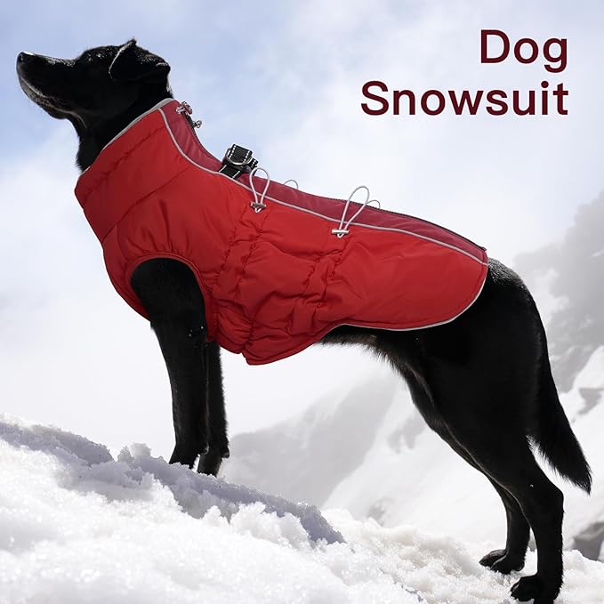 Dog Coat - XS, Warm Zip Up Snowsuit Dog Harness Vest, Reflective Water-Resistant, Red