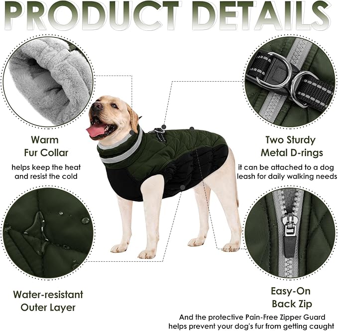 AOFITEE Dog Coat, Warm Dog Jacket, Reflective Winter Coats for Medium Dogs, Turtleneck Dogs Winter Jacket with Harness Built in, Waterproof Windproof Pet Fleece Vest Puffer Jacket, Green M