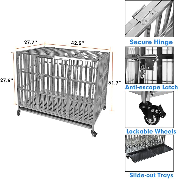 42 INCH Heavy Duty Dog Cage Stainless Steel Pet Crate Kennel with Lockable Wheels & Removable Trays for Medium and Large Dogs (Stackable)