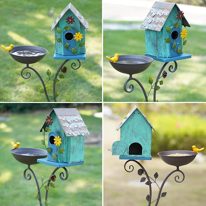 52" H Metal Bird Bath, Bird House for Outdoors, Birdbath Bowl and Birdhouses with Pole for Outside Garden Yard Decoration Bird Feeder Seed Tray
