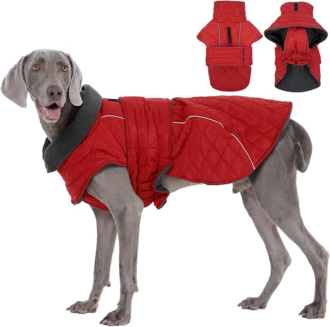 Kuoser Super-Warm Dog Jacket, Fleece Lined Turtleneck Snowsuit for Extra Large Dogs Boy Girl, Windproof Reflective Dog Winter Coat Christmas Pet Cold Weather Clothes, Red 2XL