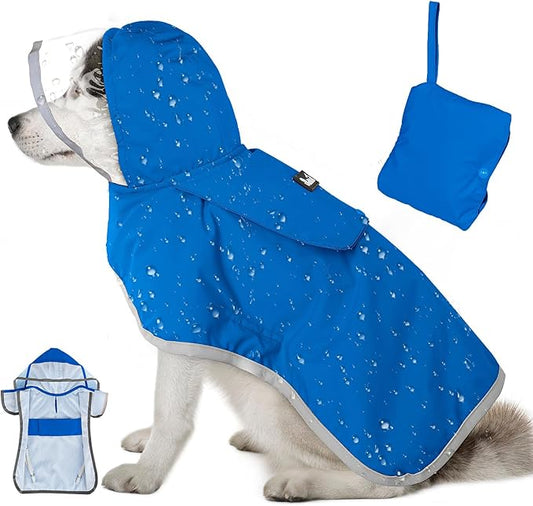 Lukovee Dog Raincoat, Adjustable Dog Rain Jacket with Clear Hooded Double Layer for Large Medium Small Dogs Puppies, Waterproof Rain Coat Poncho with Reflective Storage Pocket & Rim (BL,XL)