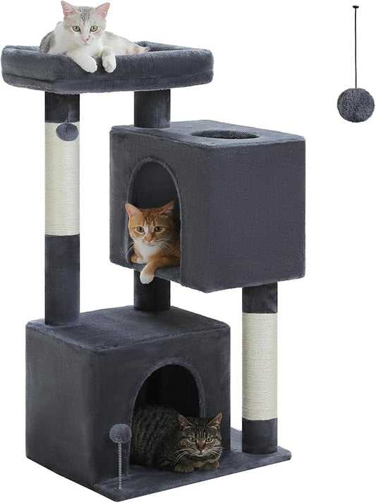 XL Cat Tower 44" Cat Tree for Large Cats 20 lbs+, 2 Spacious Condos with 3.4" Thickened Scratching Post, Large Top Perch, 2 Interactive Toys, Dark Grey