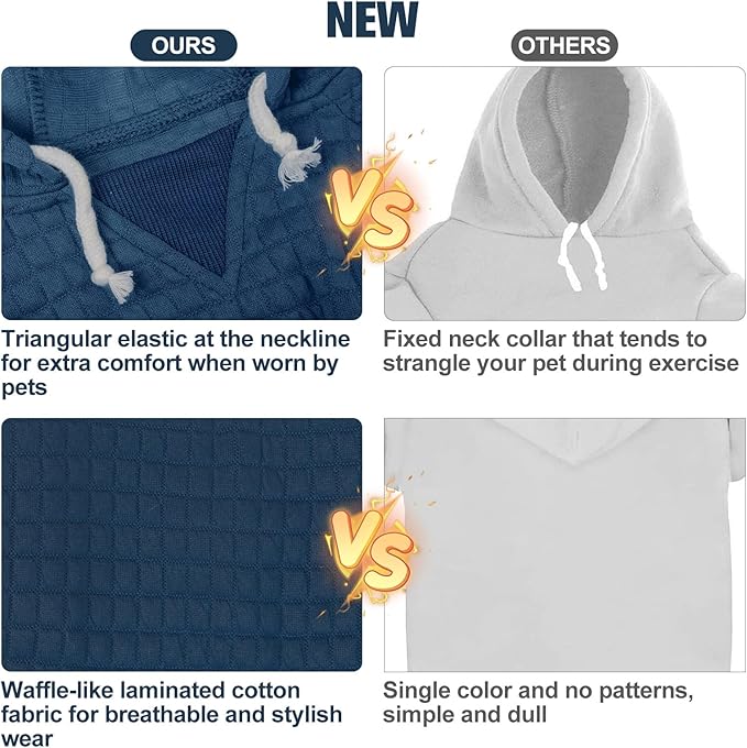 BEAUTYZOO Small Dog Hoodie Sweater with Pockets, Dog Clothes for Small Medium Dogs Boy Girl, Waffle-Like Laminated Cotton Pet Coats with Hat and Leash Hole, Navy Blue ML