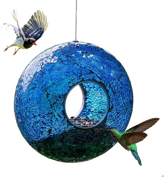 Topadorn Bird Feeder Fly Through Mosaic Round Stained-Glass Birdfeeder, Outdoor Hanging Blue Wild Bird Feeder Squirrels-Proof for Garden Decoration Gift, 9"