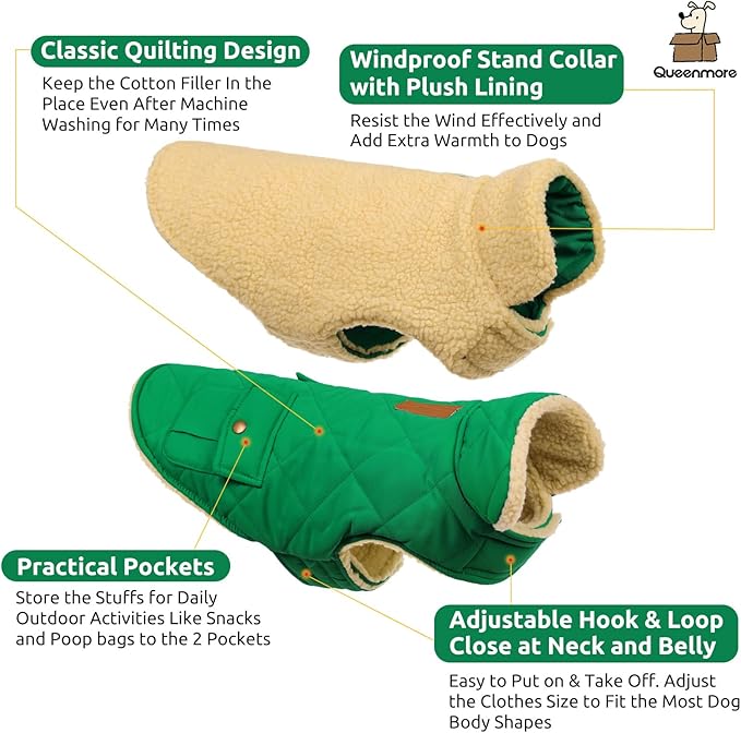 Queenmore Warm Dog Coat, Cold Weather Puffer Dog Coat Vest, Quilting Winter Pet Jacket Ultra Thick Plush Fleece Lining Pet Clothes for Dogs with Storage Pockets (Forest Green,Large)