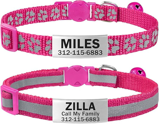 TagME 2 Pack Cat Collar with Name Tag, Personalized Reflective Cat Collar Breakaway with Bell for Boy & Girl Kitten, Hot Pink