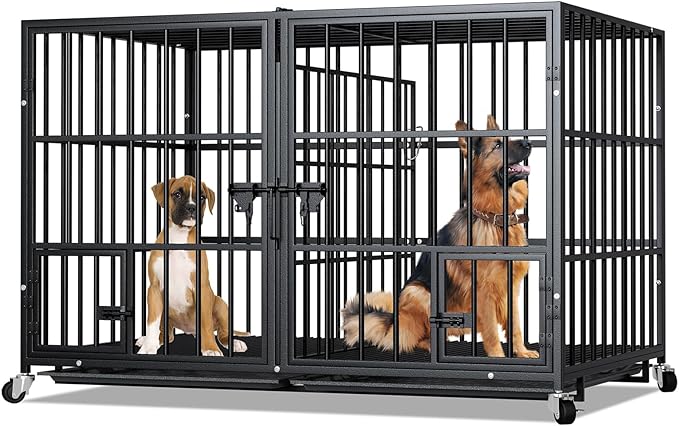 48 inch Dog Crate Cage Kennel with Divider for 2 Dogs, Indestructible Dog Crate, Sturdy Design,Double Door and Removable Tray Medium/Large Dog Cage