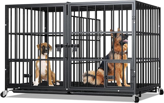48 inch Dog Crate Cage Kennel with Divider for 2 Dogs, Indestructible Dog Crate, Sturdy Design,Double Door and Removable Tray Medium/Large Dog Cage