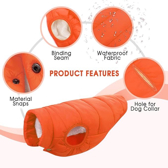 ASENKU Dog Winter Coat - Waterproof Windproof Dog Jacket, Warm Snowproof Doggie Puffer Vest for Cold Weather, Lightweight Snow Coats for Small Medium Large Dogs (Orange, XL)