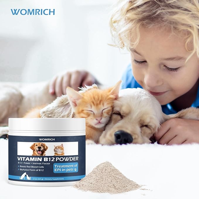 Appetite Stimulant Vitamin B12 Powder for Cats&Dogs Methylcobalamin Supplement with Folate and Intrinsic Factor, Treatment of EPI in Pets, Supports Energy, Red Blood Cell Formation, Nervous System 60g