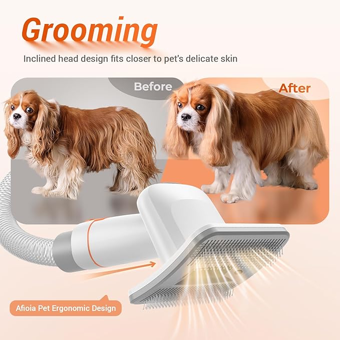 Afloia Dog Brush Vacuum Attachment - Pet Grooming Tool for Dogs & Cats (Vacuum Not Included), Compatible with 1-1.5" Round Port Vacuums (Dyson,Bissell,Eureka,Dirt Devil), with Extension Hose (White)