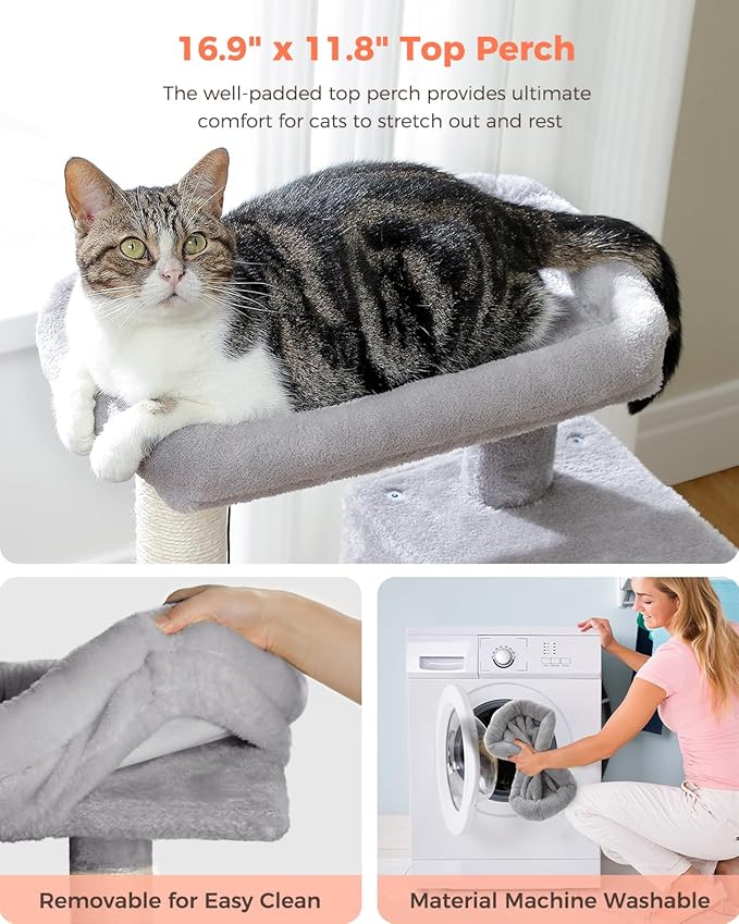 32" Cat Tree Tower for Indoor Cats - 2 Cozy Condos, Multi-Level Cat Scratching Posts with Sisal, Soft Padded Perch, 2 Dangling Toys, Light Grey