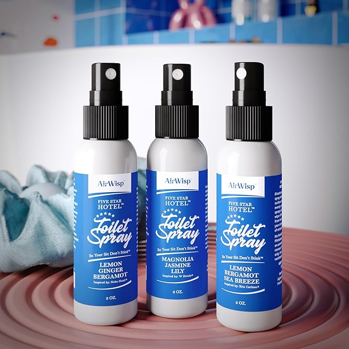 AirWisp Toilet Spray 3 Pack Variety Pack - Pre Poop Spray Odor Eliminator - Curated 5-Star Hotel Picks - 2 oz. Bottles - Up To 100 Uses Per Bottle - Travel Toiletry