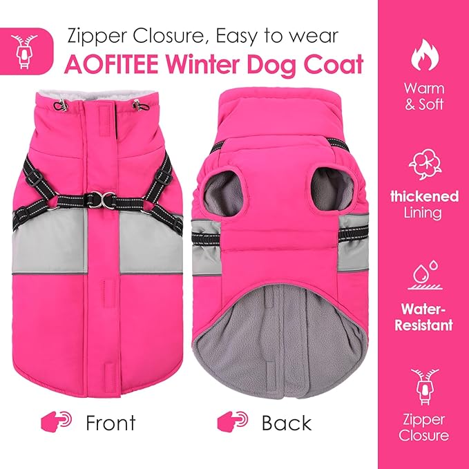 AOFITEE Dog Coat, Waterproof Dog Jacket Winter, Dogs Coat with Harness Built in, Warm Dogs Puffer Jacket with Zipper, Reflective Pet Snowsuit Sweater for Dachshund, French Bulldog, Boston Terrier, M