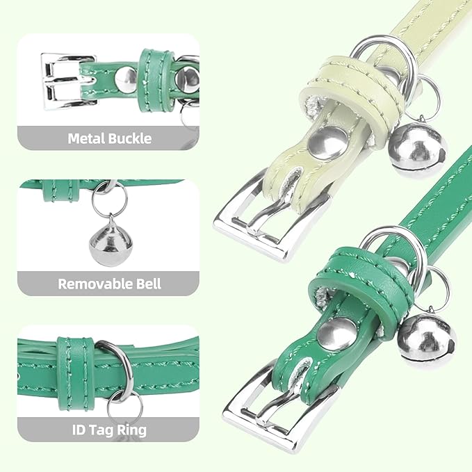 PUPTECK 2 PCS Soft Genuine Leather Cat Kitten Collar with Bells Adjustable for Girl Boy Cats Puppy - Blue Green, Bubble Green