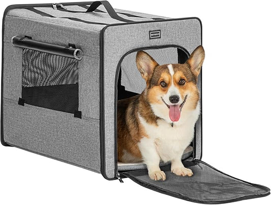 PETSFIT Travel Dog Crate, Soft Sided Dog Crate - 24 Inch with Thicken Mat, Easy to Fold, Sturdy and Portable, Perfect for Traveling, Portable Dog Kennel Grey