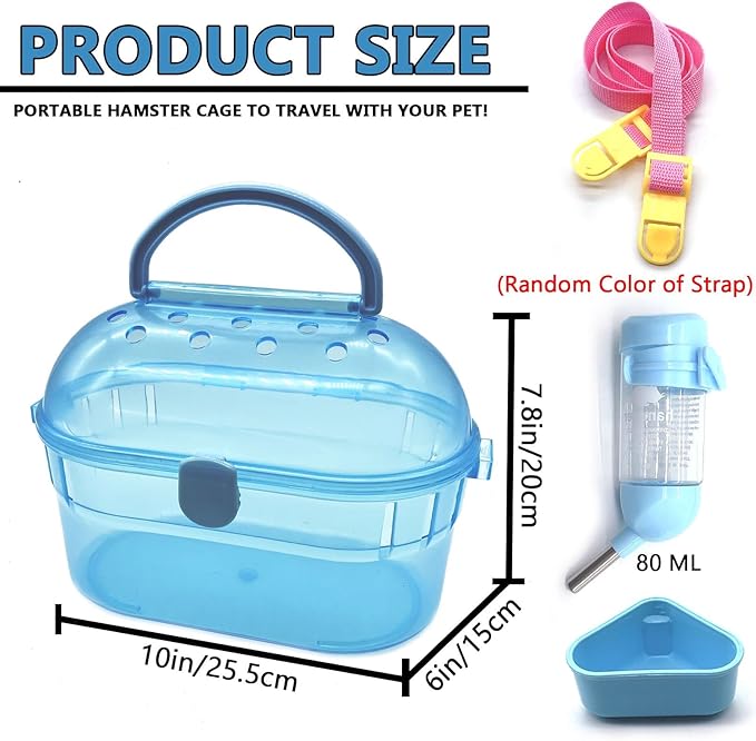 Portable Hamster Cage Syrian Hamster Carry Travel Cage with Water Bottle Food Bowl Adjustable Strap Pet Outgoing Cages for Gerbil Squirrel Guinea Pig Hedgehog Chinchilla