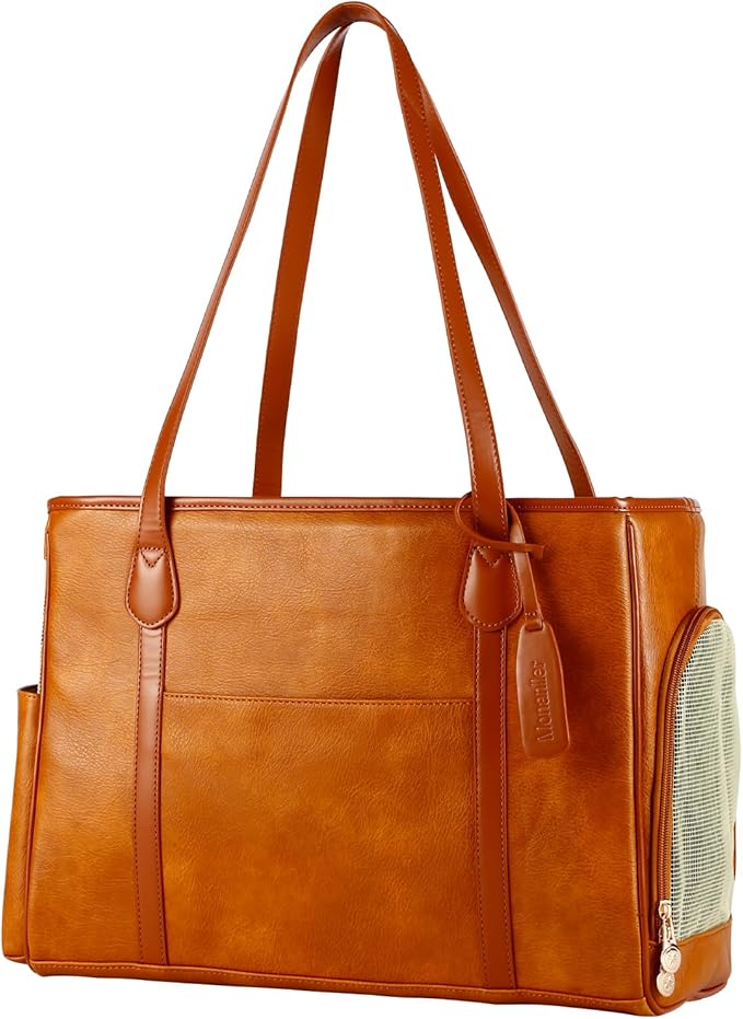 Stylish Dog Purse Carrier, Leather Pet Carrier Bag for Small Dogs Cats Puppy, Airline Approved Soft-Sided Carrier Brown