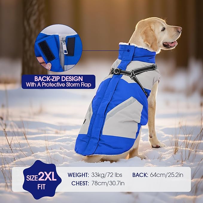 FUAMEY Dog Winter Jackets for Small Dogs,Dog Coat with Harness Built in,Waterproof Dogs Snowsuits Warm Pet Jacket Zip Up Fleece Cold Weather Coats Reflective Puppy Vest with Pocket Blue XS
