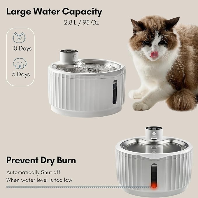 Leafur Cat Water Fountain, Battery Operated - Motion Sensor Pet Fountain 2.8L/95oz, Automatic Water Dispenser with Quiet Pump & Stainless Steel Tray (White Cordless)