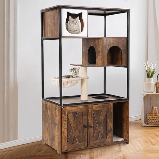 Cat Litter Box Enclosure, Wooden Cat Tree with Hidden Litter Box Enclosure, Indoor Cat House with Condo, Hammock Scratching Mat and Storage Shelves (Brown, Large)