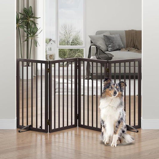 Dog Gates for Doorways, Tall Dog Gate Indoor, Foldable Pet Gates for Doorways Bedroom, Freestanding Puppy Gate with Metal Support Feet, Room Divider, 4 Panels (Browm)