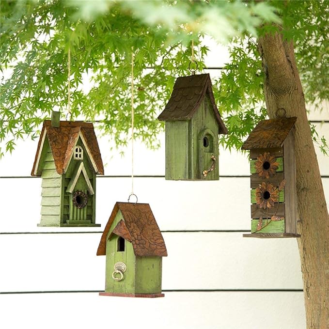 Glitzhome Birdhouses for Outdoors, Hand Painted Garden Hanging Wooden Bird House with Single Roof for Outside, Country Cottages for Bluebird Swallow Sparrow Hummingbird Finch Cardinals Cedar, Green