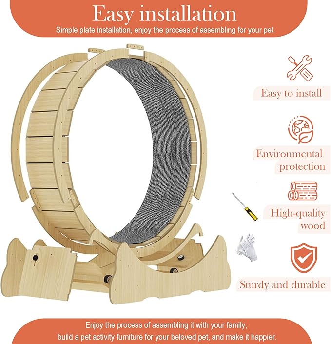 45" Cat Exercise Wheel,cat Wheel Exerciser for Indoor Cats,Running Wheel with Detachable Carpeted Runway,Natural Solid Wood Sturdy Running Wheel for Running/Training/Walking