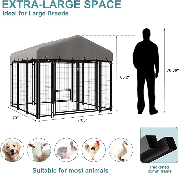 6 x 6 FT Large Outdoor Dog Kennel with Double Swing Doors, Heavy-Duty Dog Cage with Feeding Panel, Weatherproof Roof, Secure Fence Playpen for Large Dogs, Easy Assembly