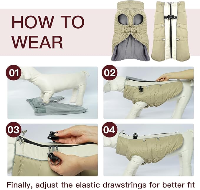 Dog Winter Jacket - XX Large, Warm Zip Up Snowsuit Dog Harness Vest, Reflective, Water-Resistant, Apricot