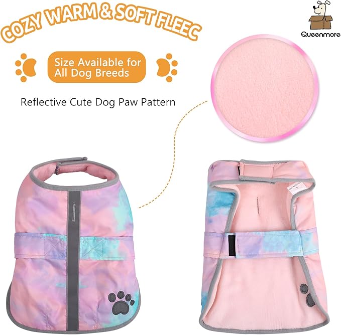 Queenmore Dog Winter Coat, Cold Weather Fleece Jacket for Dogs, Waterproof Reflective Reversible, for Small, Medium and Large Dogs (Tie-Dye, S)