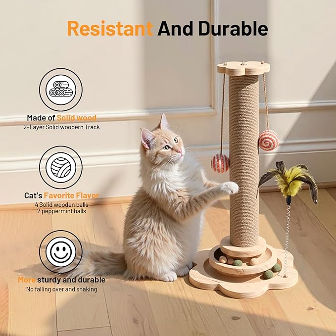Kitten Small Cat Scratching Post Sisal Scratch Post for Indoor Cat with Hanging Ball,Solid Wooden 2 Level Track,Interactive Cat Toy