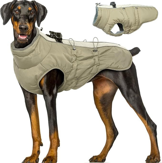 Dog Winter Jacket-3X Large, Warm Zip Up Snowsuit Dog Harness Vest - Reflective, Water-Resistant, Snow Jacket for Large Dogs, Labrador, Husky, Apricot