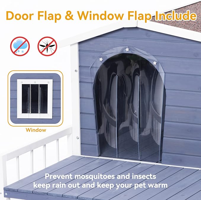 Petsfit Dog House Outdoor 40" L x 47" W x 28.5" H with Terrace & Openable Asphalt Roof, Outside Dog House with Elevated Floor, Dog House for Medium Dogs