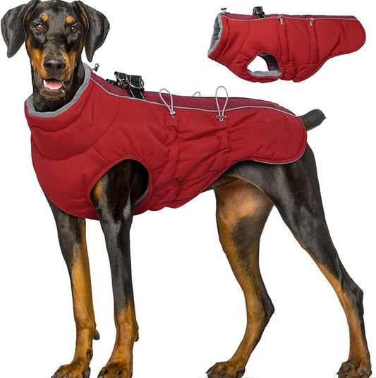 Dog Winter Jacket - 3X Large, Warm Zip Up Snowsuit Dog Harness Vest, Reflective, Water-Resistant, Red