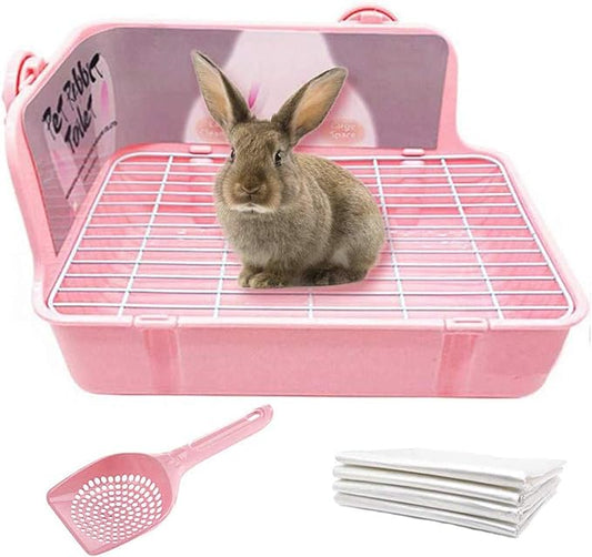 Bunny Litter Box with Grate, Rabbit Corner Litter Pan, Pet Toilet Potty Trainer with Scoop & Disposable Liner for Guinea Pig Ferrets Chinchilla