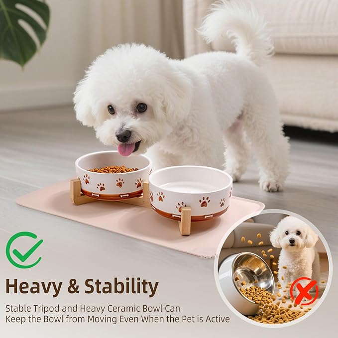 Dog Bowls with Wood Stand, 1.7 Cups Ceramic Puppy Bowls with Mat for Small Dog Weighted Water and Food Bowl Set for Dogs Cats, Non-Slip Pet Feeding Dish 13.5 Oz