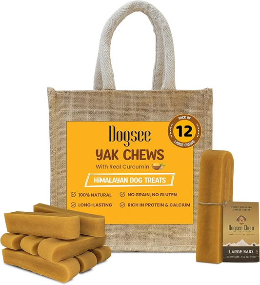 Dogsee Turmeric/Curcumin/Curcuma Flavor Himalayan Yak Milk Dental Treat for Dogs Bulk Pack 3lb (Large - 12 Chews) | Anti-inflammatory | Tasty & Healthy Treats | Natural and Long Lasting