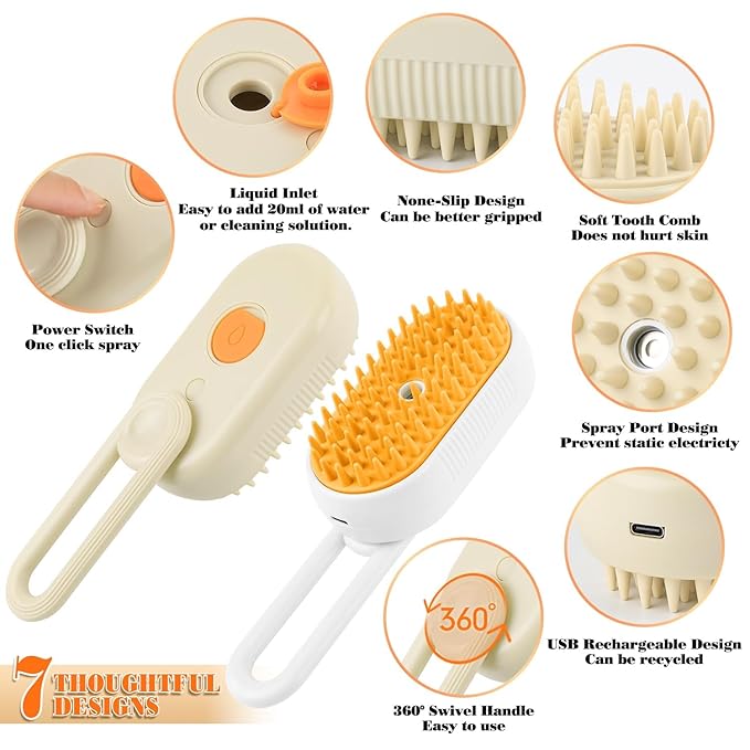 2 PACK Cat & Dog Steam Brush for Shedding – Rechargeable Pet Steam Brush for Cats & Dogs, Flea, Anti-Static Massage Comb – All in One, Spray & Cleaning Tool