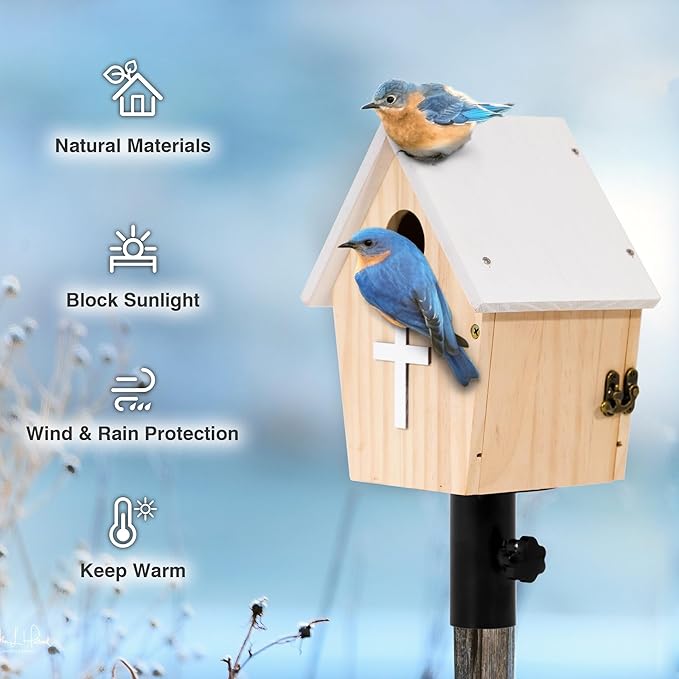 Church Style Large Bird House for Outdoor with Metal Tube, Thicken Wooden Hanging Birdhouse with Clear View Panel Clear View Panel Predator Guard Nesting Box for Swallow Wren Chickadee