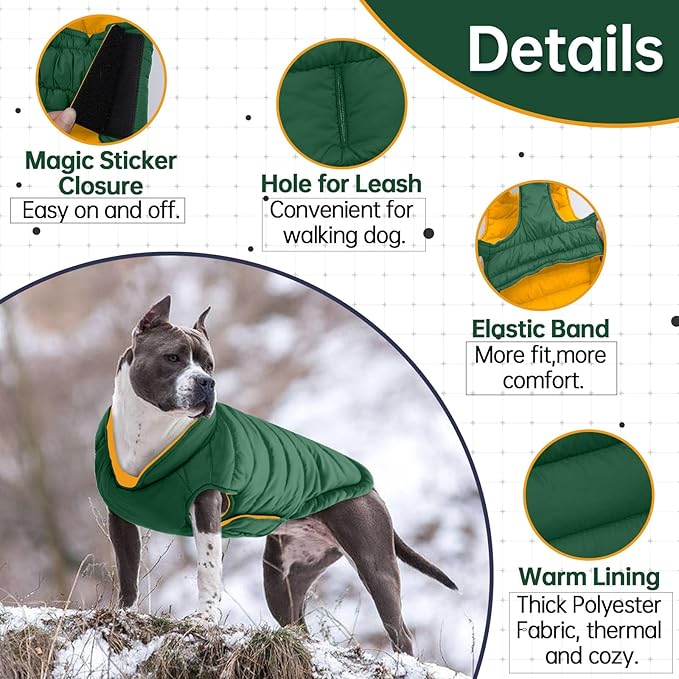 Lelepet Reversible Dog Coat Lightweight Warm Dog Jacket Padded Vest Windproof Cold Weather Coat Sonwsuit with Hook & Loop Leash Hole Coats for Large Dogs, Non-Shedding, Easy on/Off, Green, XXXL