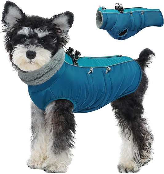 IDOMIK Warm Dog Coat with Harness Built-in, Thick Fleece Dog Winter Jacket with High Collar&Zipper, Waterproof Reflective Dogs Cold Weather Coats for Small Dogs, Pet Snow Jacket Vest(Blue,S)