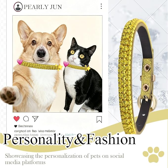 PEARLY JUN Rhinestone Dog Collars for Small Dogs Cat, S Yellow Bling Diamond Cat Collar Cute Luxury Crystal Pet Puppy