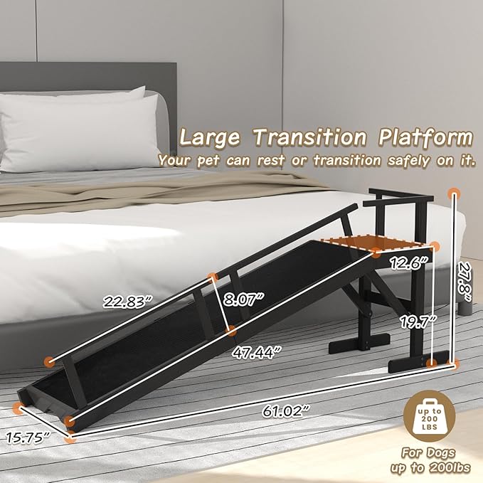 61" Dog Ramp for Bed, Pet Ramp with Removable Side Rail and Non-Slip Surface, Pet Ramp for Small & Large & Senior Dogs with Rest Platform and DIY Glow Strips,Dog Stairs for Couch,Black