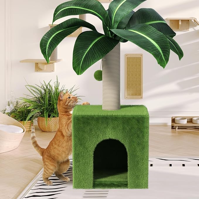 Cat Scratching Post with Condo, Palm Cat Tree Tower Natural Sisal Cat Scratcher Cat Bed Cat Furniture for Kittens and Cats