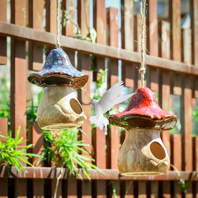 Yinns Birdhouses - Hanging Bird House, Set of 2 Bird Houses for Outside, Decorative Mushroom Bird House Blue and Red Ceramic Birdhouses for Wild Birds, Finch, Cardinal, and Bluebird