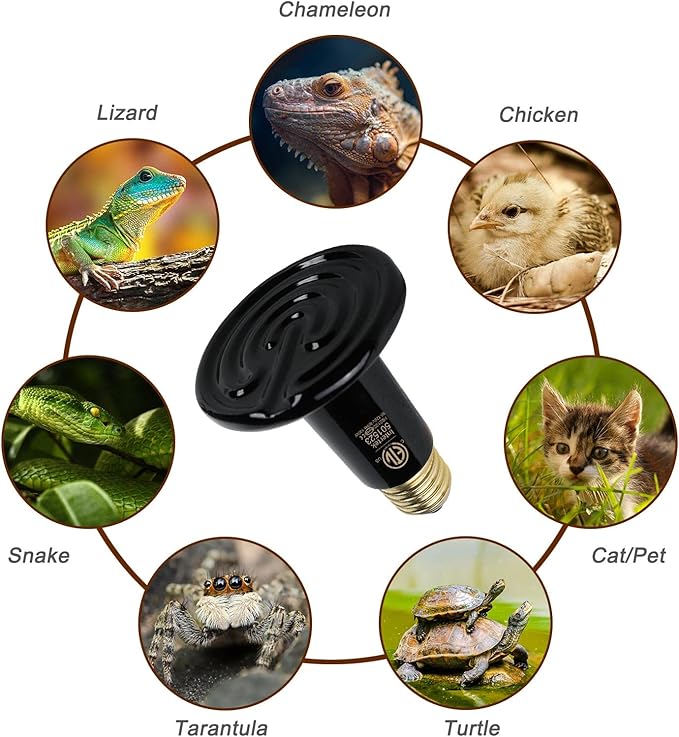 WUHOSTAM 3 Pack 100W Black Reptile Heat Lamp, Infrared Ceramic Emitter Bulb for Pet Coop Heater, Lizard, Turtle, Snake, Aquarium, No Harm No Light, ETL Listed