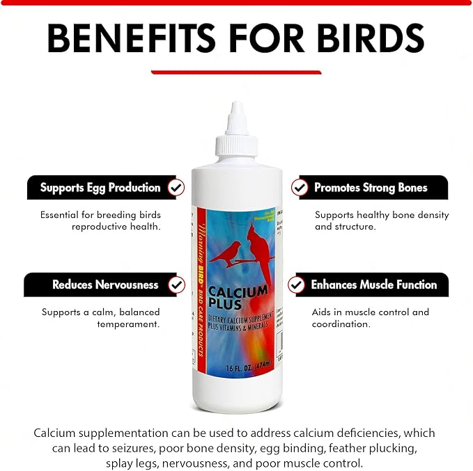 Morning Bird Calcium Plus Liquid Supplement for Birds - Liquid Calcium Formula with Magnesium and Vitamin D3 Calcium Supplement for All Birds – 16 Fl Oz