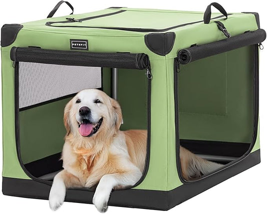 PETSFIT Collapsible Dog Crate, with Patented Adjustable Fabric Cover, Chewproof & Lockable Mesh Doors, Waterproof Base Soft Sided Kennel Green 40 Inch